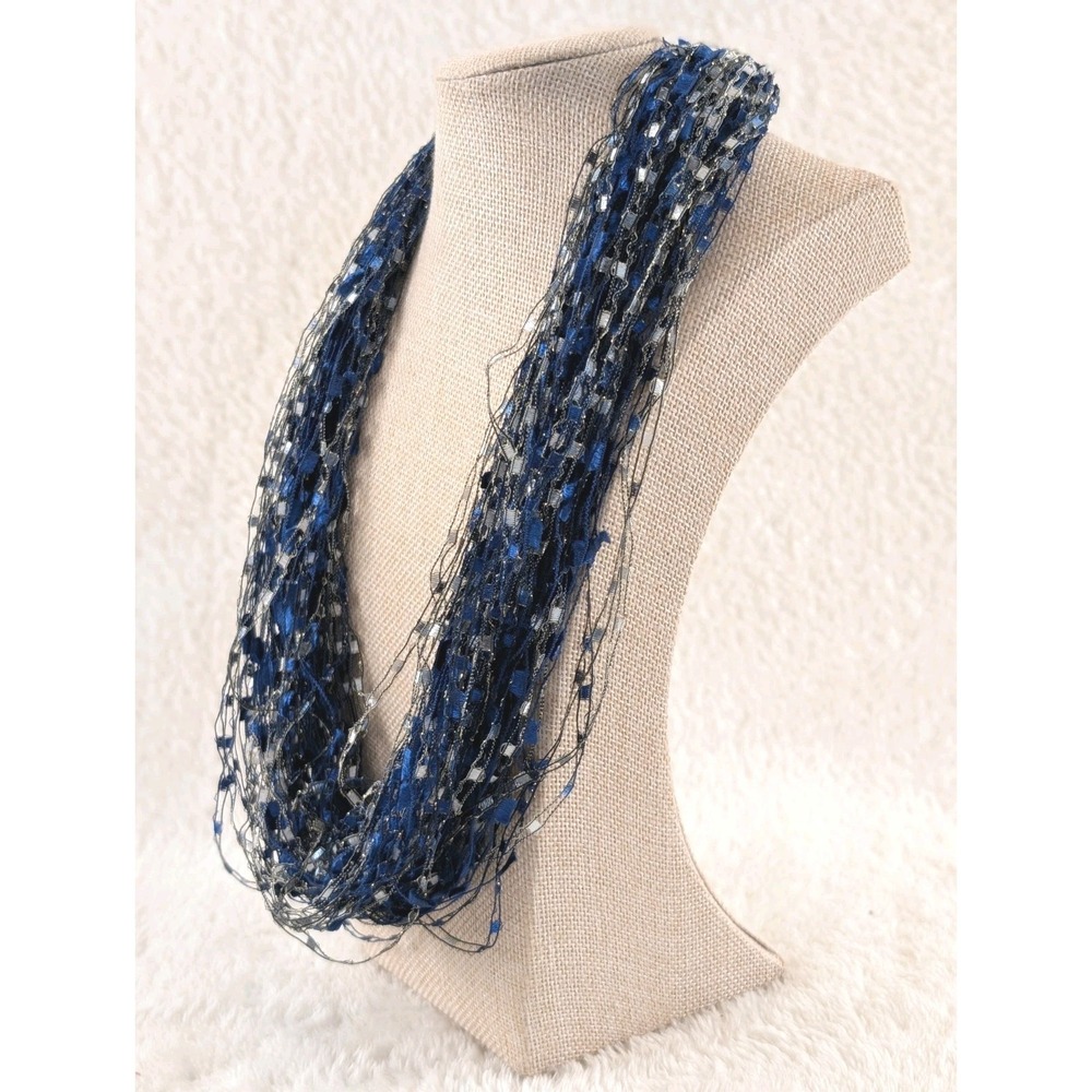 Blue Silver Multi Strand Ribbon Necklace‎ Magnetic Clasp Statement Fiber Art
